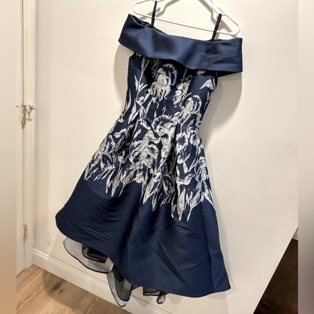 Frascara 3850 Navy Blue Silk Blend Floral Jacquard Hi-Lo Off Shoulder Dress 6 - Picture 4 of 10
